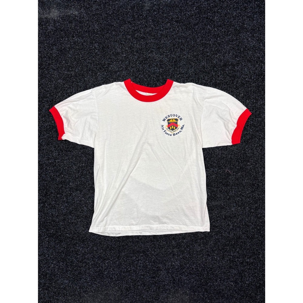 Vintage Screen Stars Westover Air Force Base Ringer T-Shirt White Red Large 80s